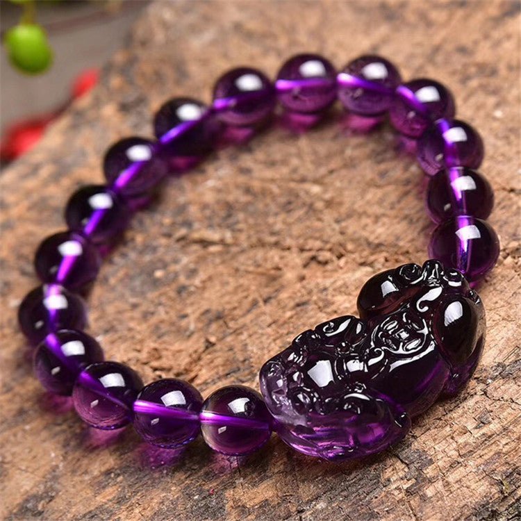 Bracelet perles rondes Pixiu en améthyste — porte-bonheur élégant et unisexe chic. - IVOIRART.COM