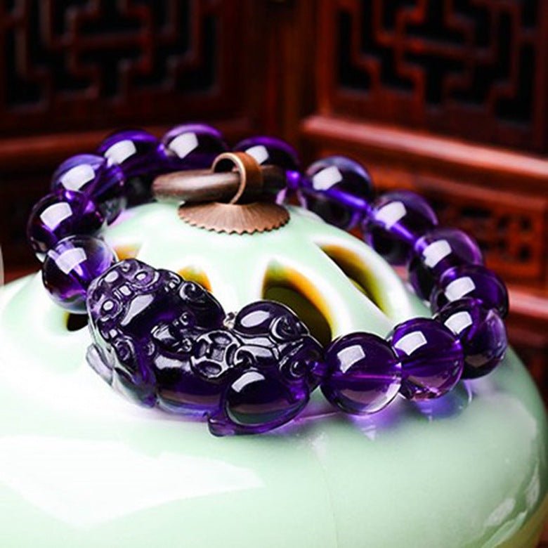 Bracelet perles rondes Pixiu en améthyste — porte-bonheur élégant et unisexe chic. - IVOIRART.COM