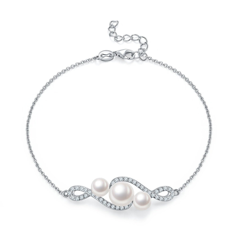 Bracelet pour Femme en Argent Sterling S925, Perles d'Eau Douce Naturelles, Design Infini Pavé, 3 g, Plaqué Platine, Chaînette d'Extension, Coffret Cadeau - IVOIRART.COM