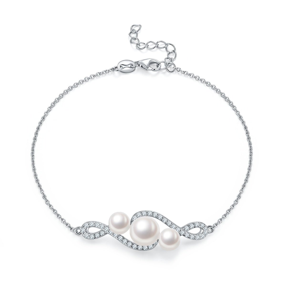 Bracelet pour Femme en Argent Sterling S925, Perles d'Eau Douce Naturelles, Design Infini Pavé, 3 g, Plaqué Platine, Chaînette d'Extension, Coffret Cadeau - IVOIRART.COM