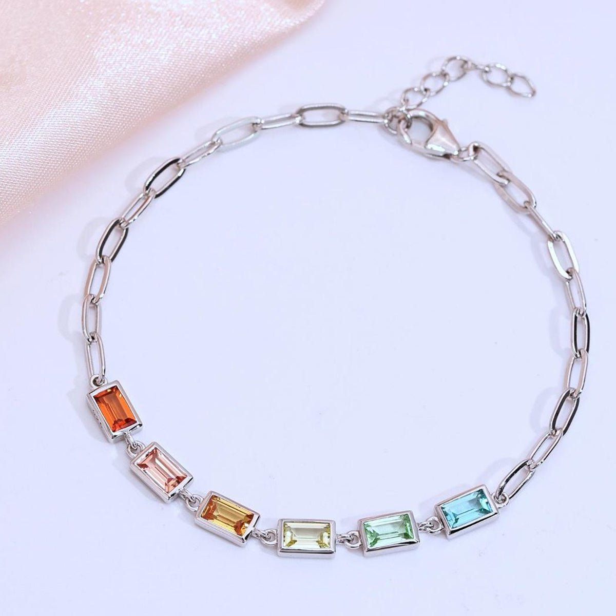 Bracelet Rectangle Arc-en-Ciel en Pierre Précieuse Synthétique Argent Sterling S925 16cm Chaine Trombone Plaqué Platine Coffret Cadeau - IVOIRART.COM