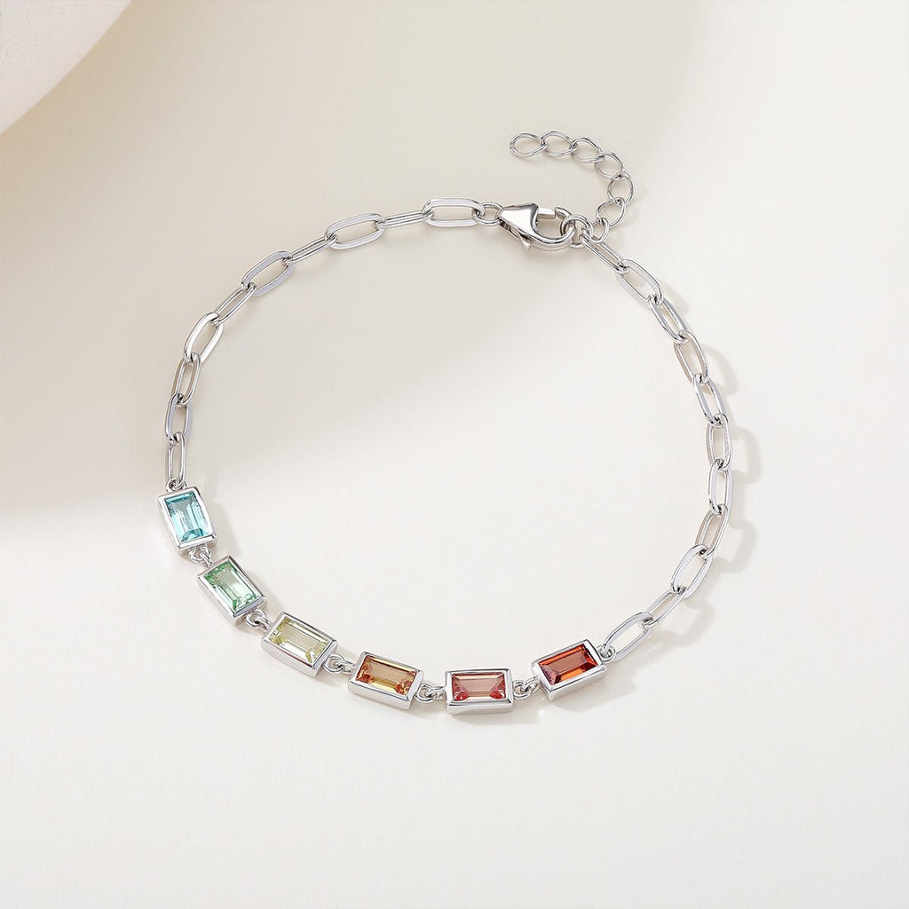 Bracelet Rectangle Arc-en-Ciel en Pierre Précieuse Synthétique Argent Sterling S925 16cm Chaine Trombone Plaqué Platine Coffret Cadeau - IVOIRART.COM