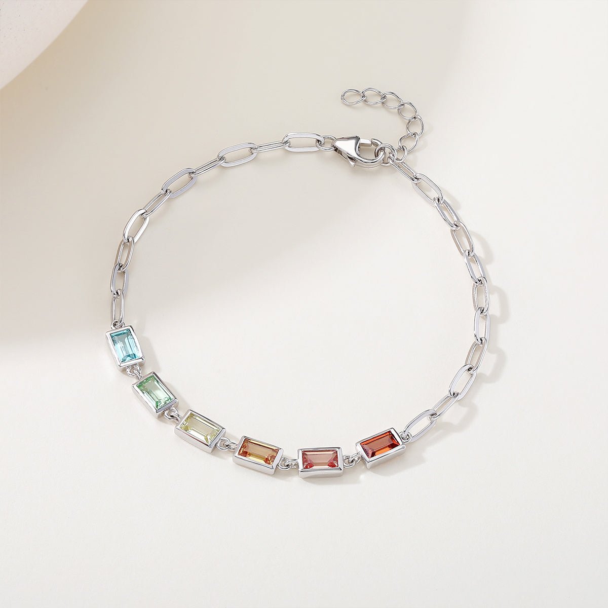 Bracelet Rectangle Arc-en-Ciel en Pierre Précieuse Synthétique Argent Sterling S925 16cm Chaine Trombone Plaqué Platine Coffret Cadeau - IVOIRART.COM