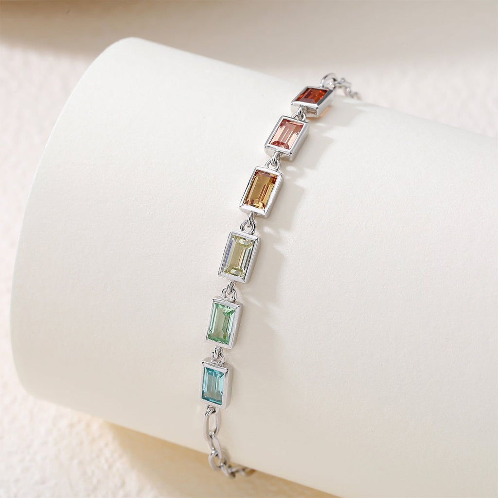 Bracelet Rectangle Arc-en-Ciel en Pierre Précieuse Synthétique Argent Sterling S925 16cm Chaine Trombone Plaqué Platine Coffret Cadeau - IVOIRART.COM
