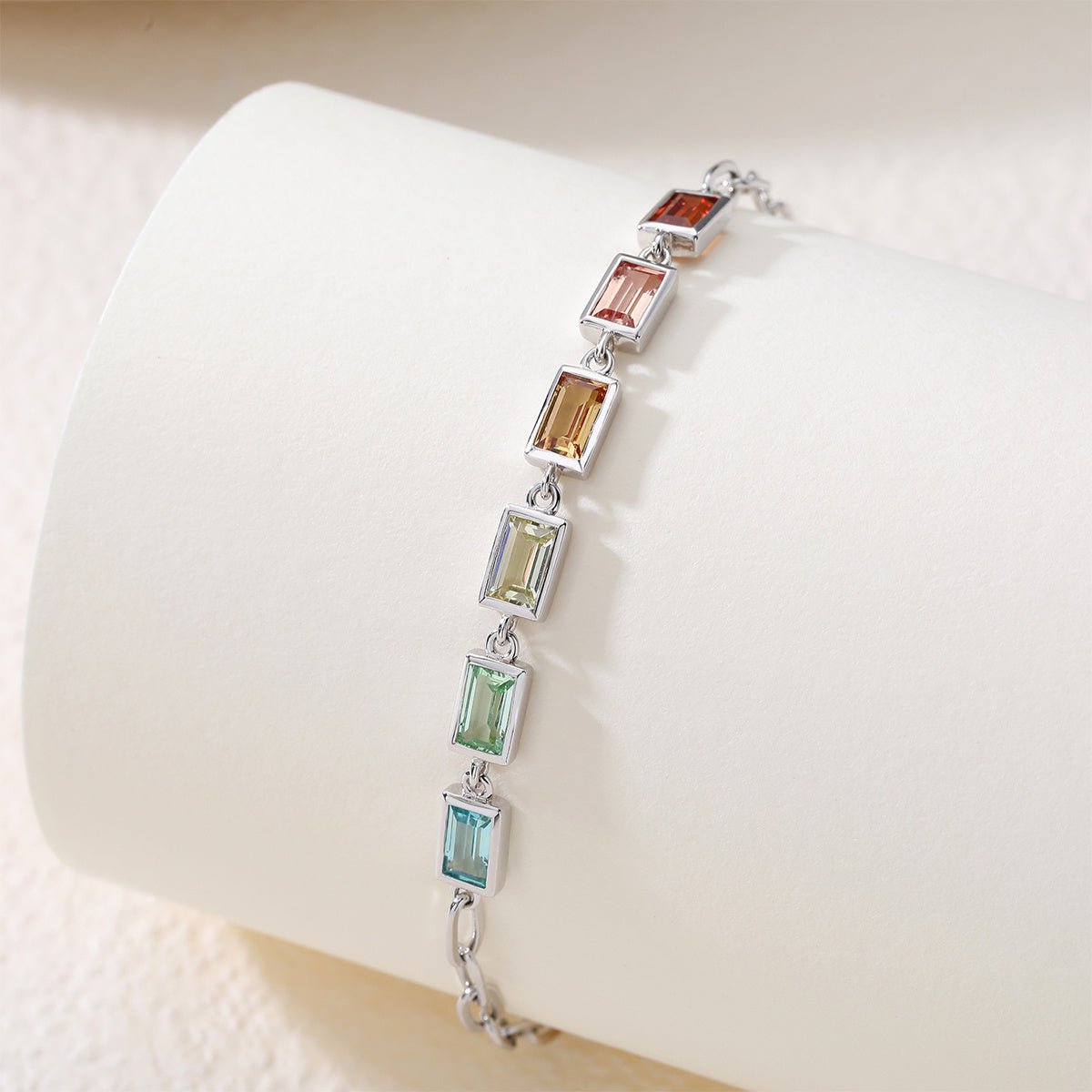 Bracelet Rectangle Arc-en-Ciel en Pierre Précieuse Synthétique Argent Sterling S925 16cm Chaine Trombone Plaqué Platine Coffret Cadeau - IVOIRART.COM