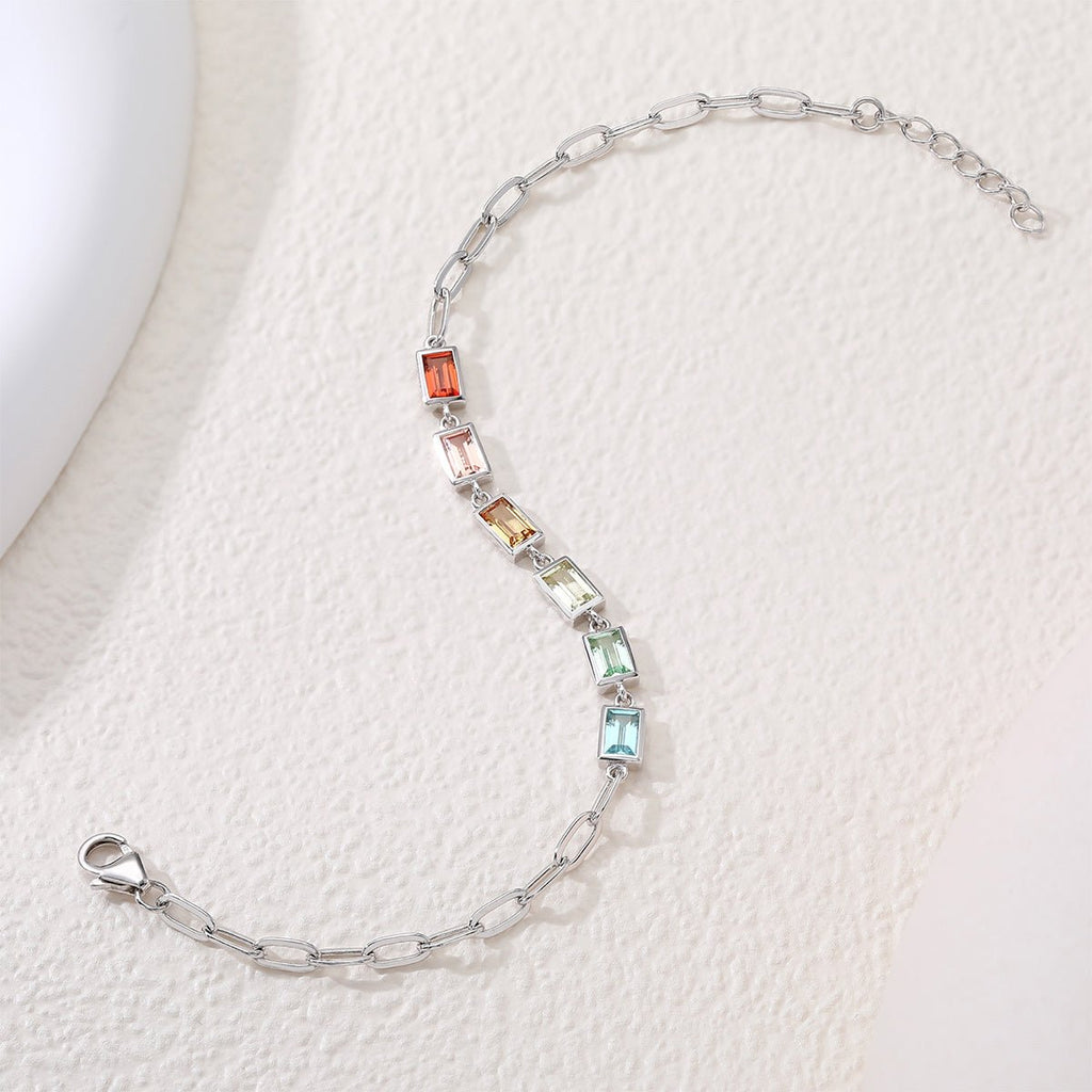 Bracelet Rectangle Arc-en-Ciel en Pierre Précieuse Synthétique Argent Sterling S925 16cm Chaine Trombone Plaqué Platine Coffret Cadeau - IVOIRART.COM