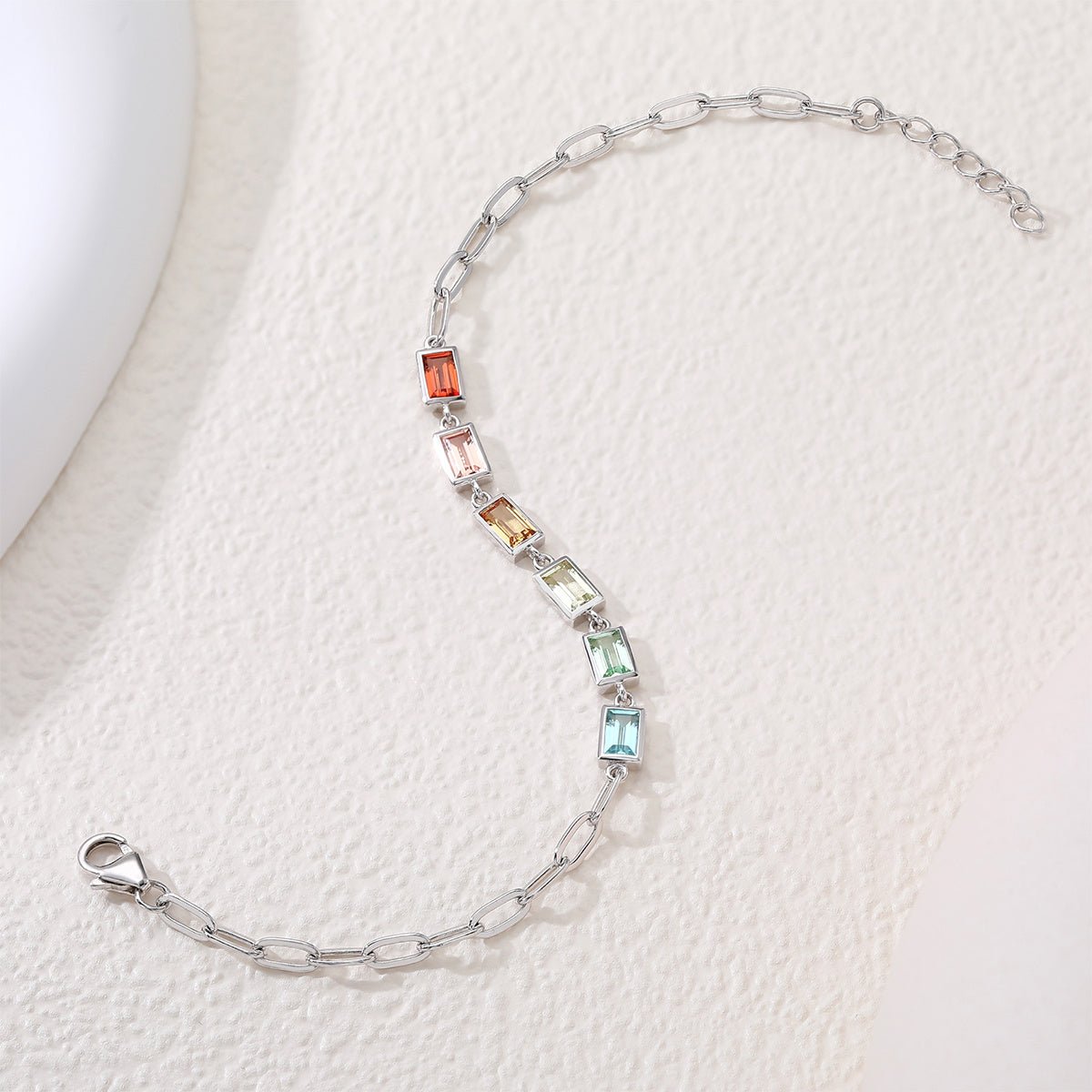 Bracelet Rectangle Arc-en-Ciel en Pierre Précieuse Synthétique Argent Sterling S925 16cm Chaine Trombone Plaqué Platine Coffret Cadeau - IVOIRART.COM
