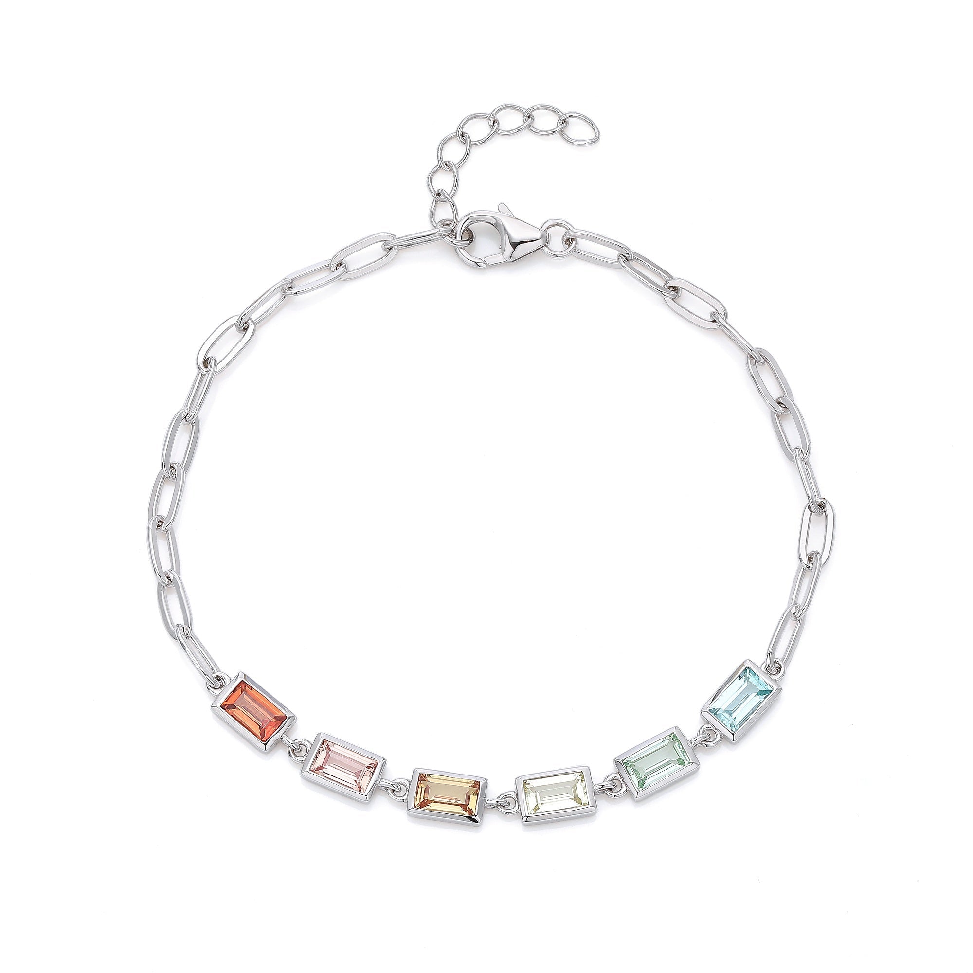 Bracelet Rectangle Arc-en-Ciel en Pierre Précieuse Synthétique Argent Sterling S925 16cm Chaine Trombone Plaqué Platine Coffret Cadeau - IVOIRART.COM