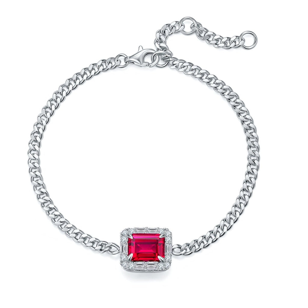 Bracelet S925 Argent Sterling Rubis Synthétique 8x6mm Halo Cubain Ajustable 5.4g - IVOIRART.COM