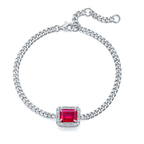 Bracelet S925 Argent Sterling Rubis Synthétique 8x6mm Halo Cubain Ajustable 5.4g - IVOIRART.COM