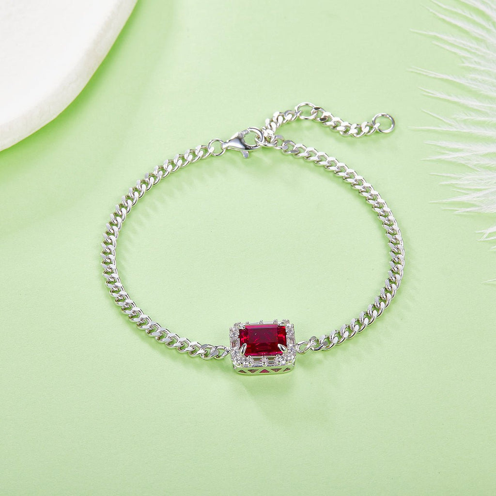Bracelet S925 Argent Sterling Rubis Synthétique 8x6mm Halo Cubain Ajustable 5.4g - IVOIRART.COM