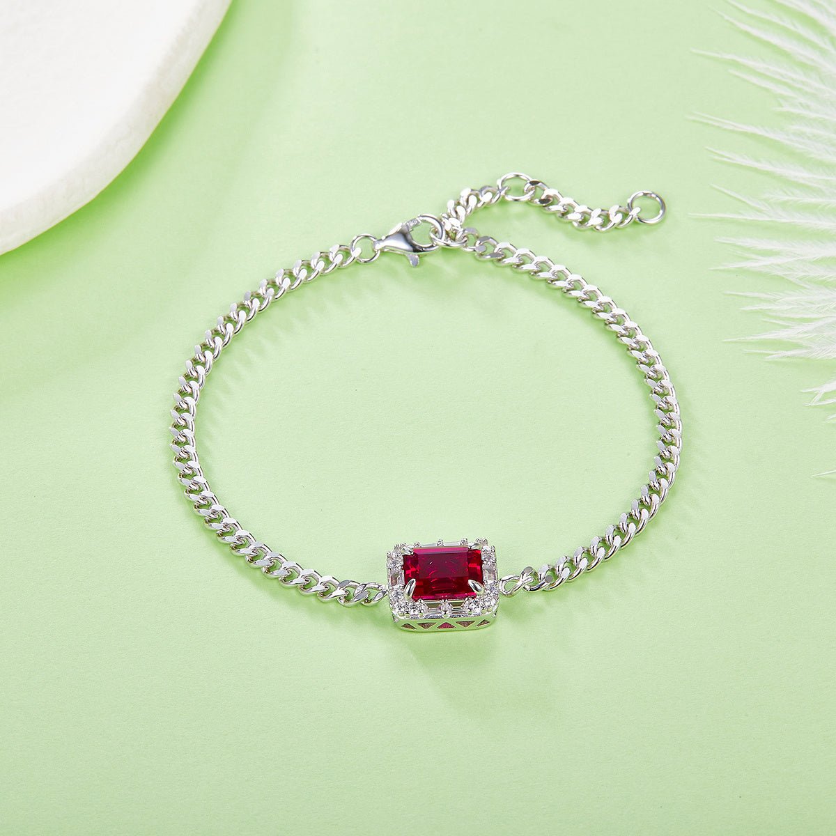 Bracelet S925 Argent Sterling Rubis Synthétique 8x6mm Halo Cubain Ajustable 5.4g - IVOIRART.COM