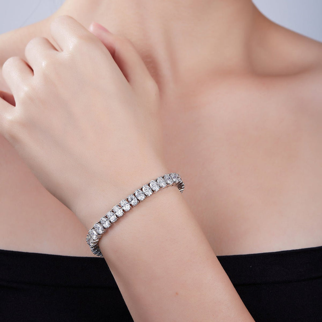 Bracelet tennis moissanite ovale 6x4 mm S925 argent sterling D VVS1 platine 16-18-20 cm - IVOIRART.COM