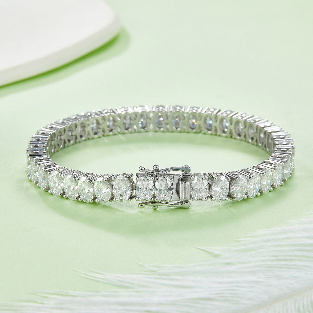 Bracelet tennis moissanite ovale 6x4 mm S925 argent sterling D VVS1 platine 16-18-20 cm - IVOIRART.COM