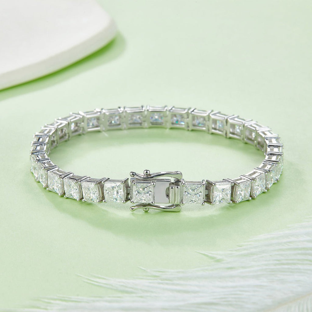 Bracelet Tennis Moissanite Taille Princesse 4,5x4,5 mm Argent Sterling S925, Couleur D VVS1, 16-18-20cm, Plaqué Platine, Certifié GRA, Coffret Cadeau - IVOIRART.COM