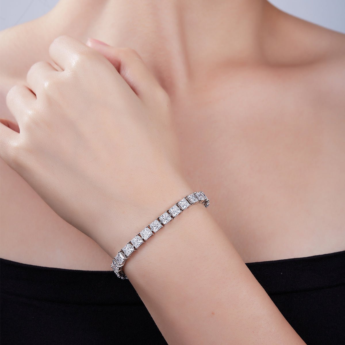 Bracelet Tennis Moissanite Taille Princesse 4,5x4,5 mm Argent Sterling S925, Couleur D VVS1, 16-18-20cm, Plaqué Platine, Certifié GRA, Coffret Cadeau - IVOIRART.COM