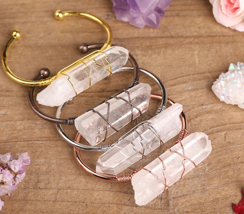 Bracelet tige quartz blanc naturel en fil de cuivre enroulé, fait main bohèmeéco - IVOIRART.COM