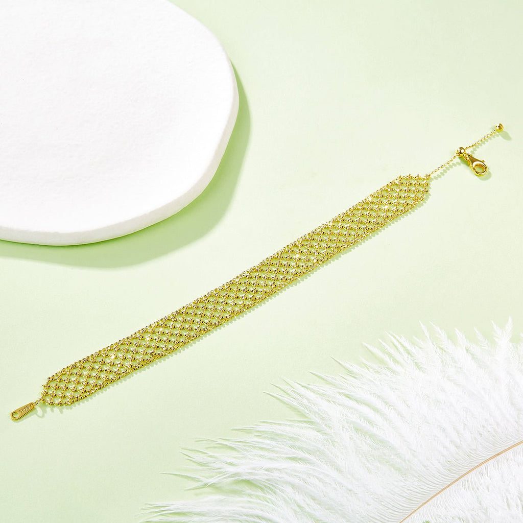 Bracelet Tissu Ajoure Argent Sterling S925 Pour Femme, Chaîne Large Légère 3,5g, Plaqué Platine Or et Or Rose, Coffret Cadeau - IVOIRART.COM