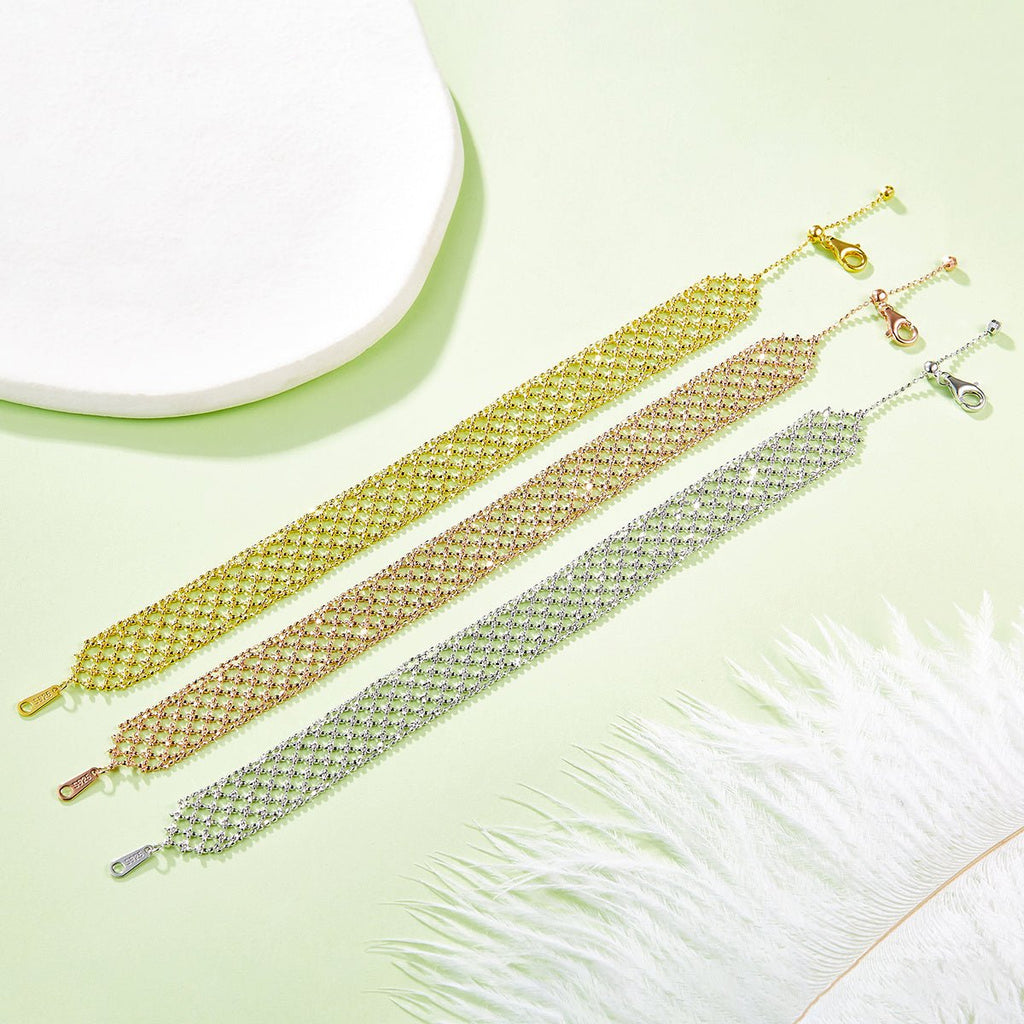 Bracelet Tissu Ajoure Argent Sterling S925 Pour Femme, Chaîne Large Légère 3,5g, Plaqué Platine Or et Or Rose, Coffret Cadeau - IVOIRART.COM