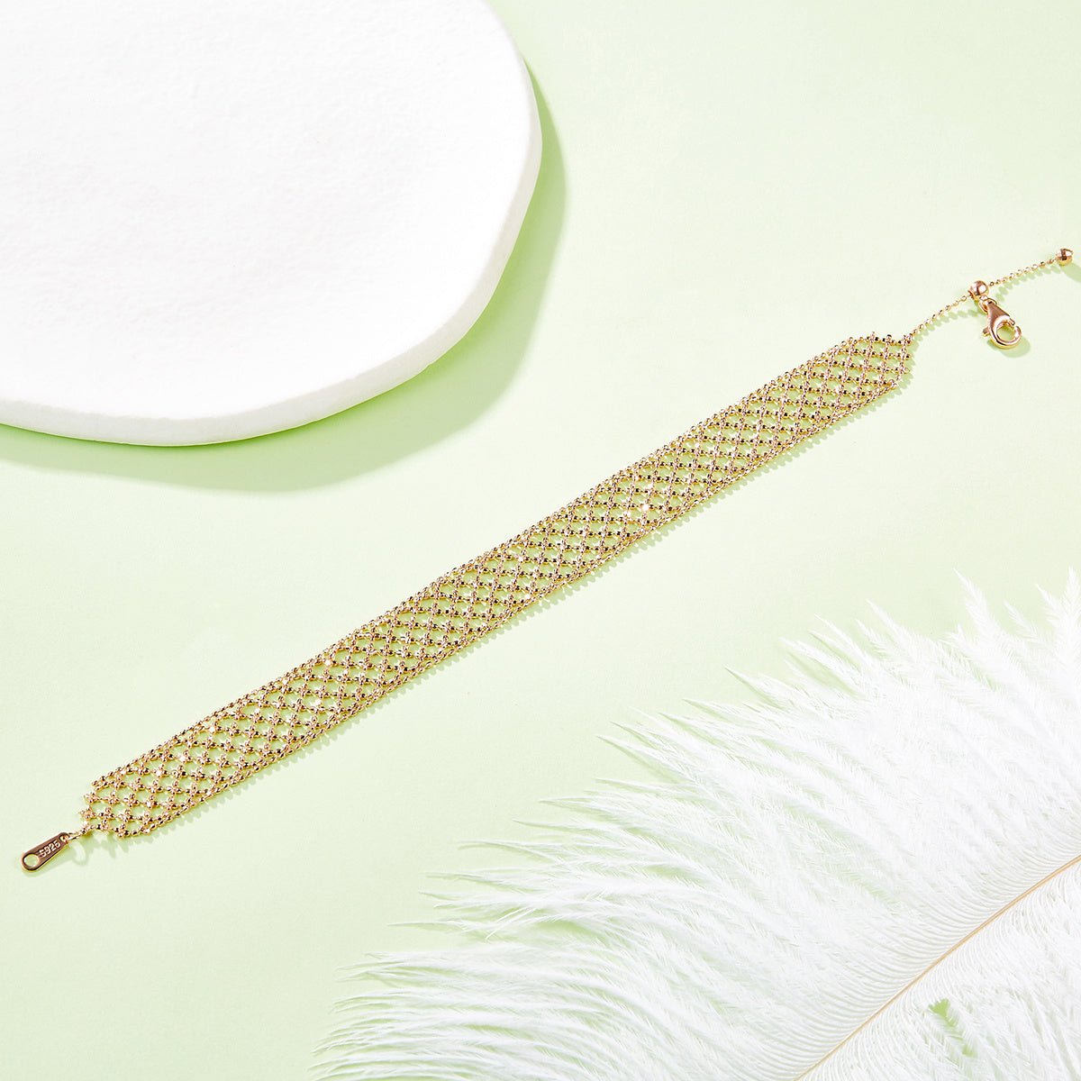 Bracelet Tissu Ajoure Argent Sterling S925 Pour Femme, Chaîne Large Légère 3,5g, Plaqué Platine Or et Or Rose, Coffret Cadeau - IVOIRART.COM