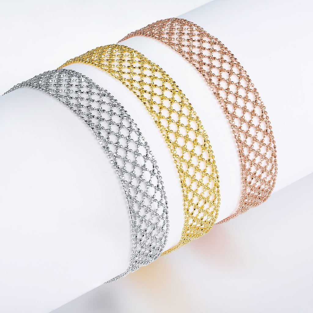 Bracelet Tissu Ajoure Argent Sterling S925 Pour Femme, Chaîne Large Légère 3,5g, Plaqué Platine Or et Or Rose, Coffret Cadeau - IVOIRART.COM