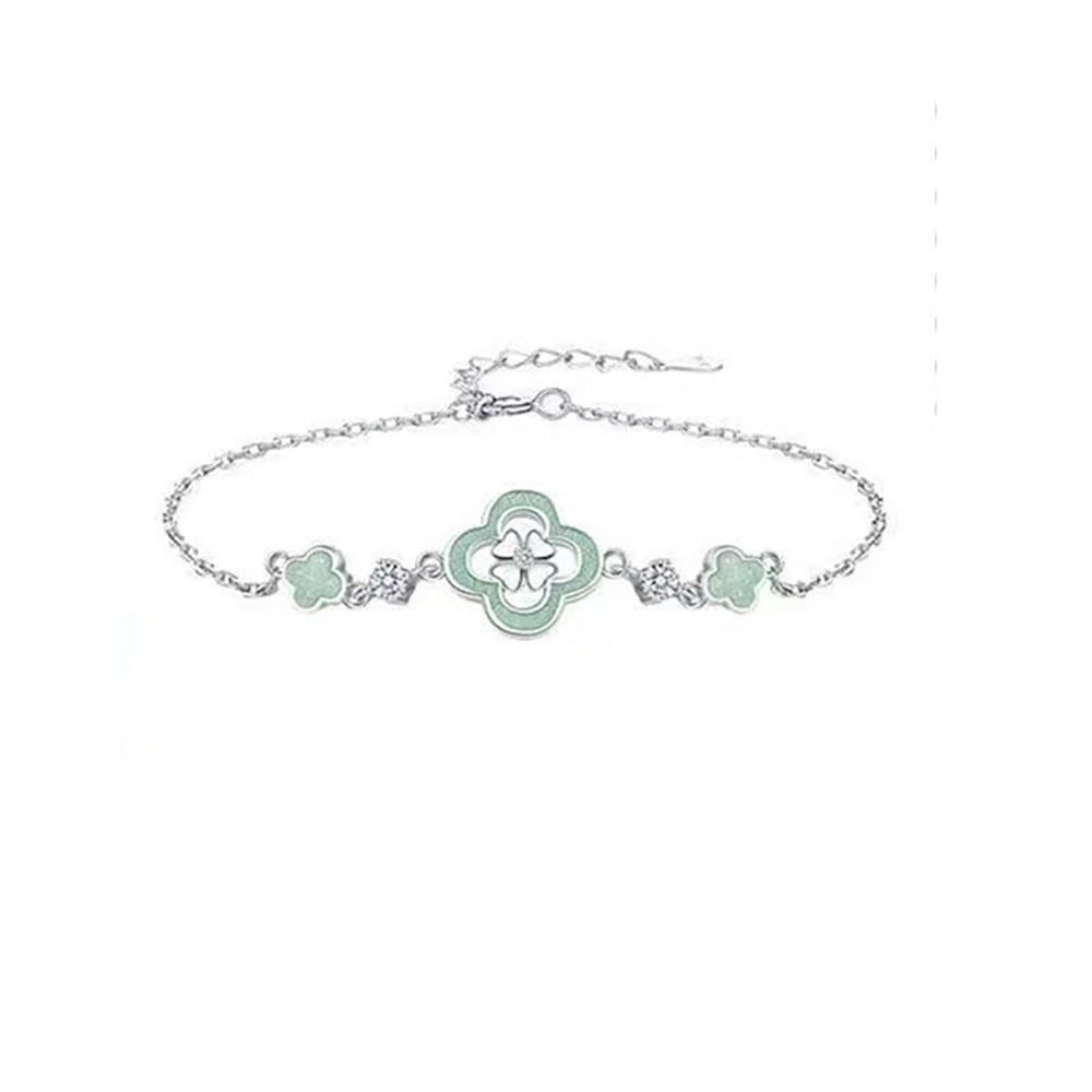 Bracelet trèfle vert en zircon en argent sterling 999, style rétro luxueux, idéal au quotidien et pour occasions spéciales - IVOIRART.COM