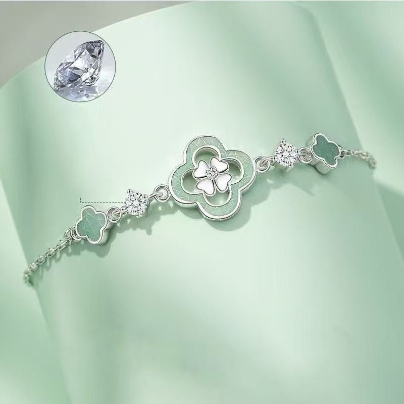 Bracelet trèfle vert en zircon en argent sterling 999, style rétro luxueux, idéal au quotidien et pour occasions spéciales - IVOIRART.COM