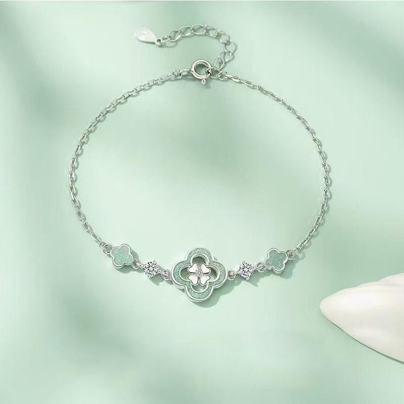 Bracelet trèfle vert en zircon en argent sterling 999, style rétro luxueux, idéal au quotidien et pour occasions spéciales - IVOIRART.COM