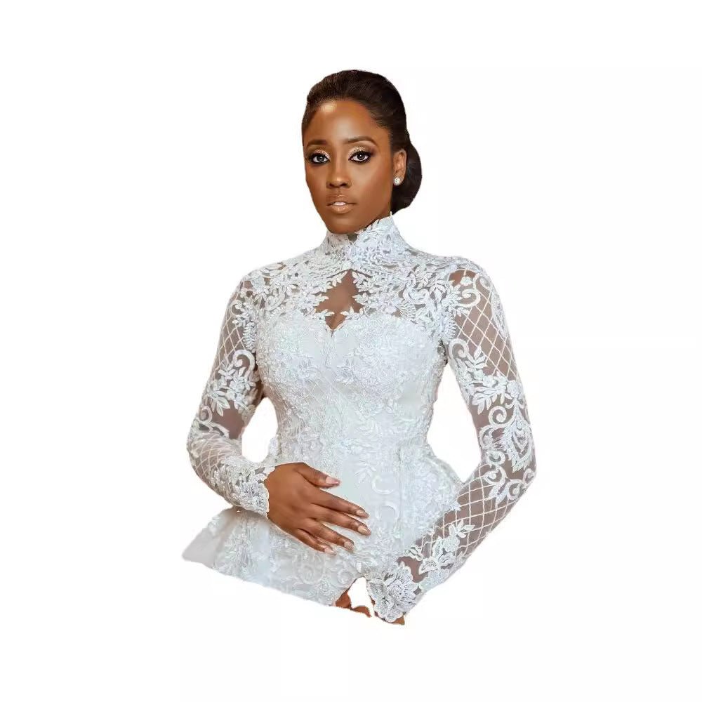Bridal Lace Long Sleeve Stand Collar Wedding Dress - IVOIRART.COM