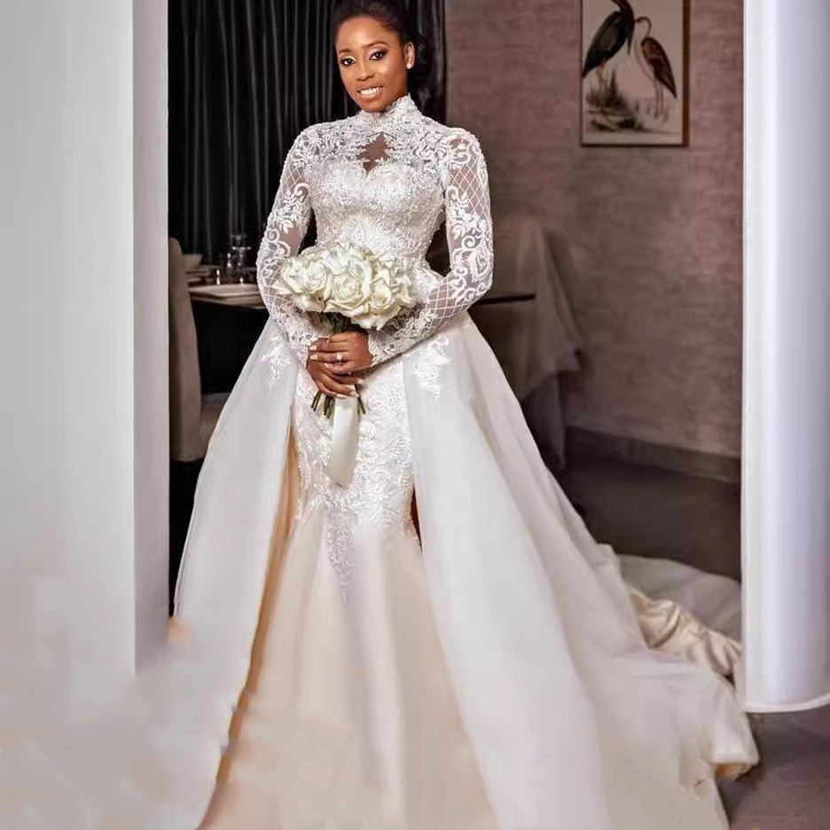 Bridal Lace Long Sleeve Stand Collar Wedding Dress - IVOIRART.COM