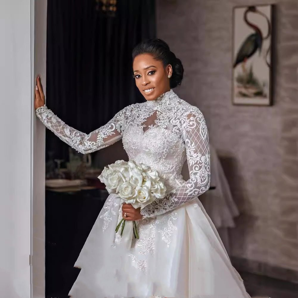 Bridal Lace Long Sleeve Stand Collar Wedding Dress - IVOIRART.COM