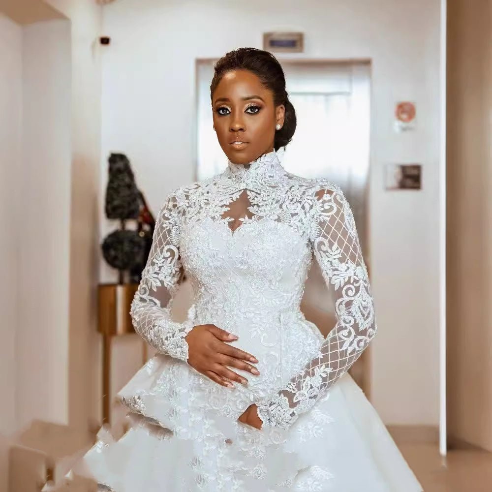 Bridal Lace Long Sleeve Stand Collar Wedding Dress - IVOIRART.COM
