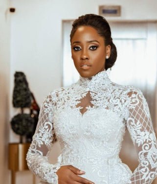 Bridal Lace Long Sleeve Stand Collar Wedding Dress - IVOIRART.COM