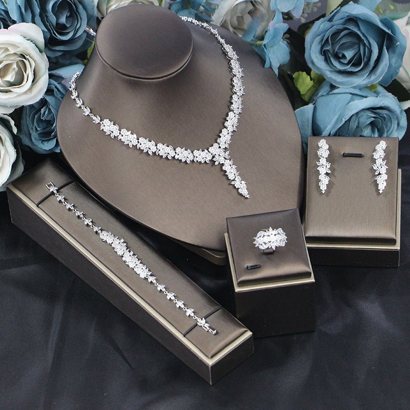 Bridal Wedding Dinner Jewelry Suit Fashion Rose Zircon Necklace Earrings Four-piece Set - IVOIRART.COM
