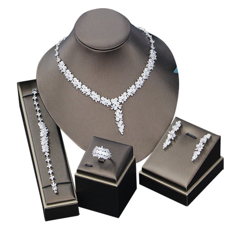 Bridal Wedding Dinner Jewelry Suit Fashion Rose Zircon Necklace Earrings Four-piece Set - IVOIRART.COM