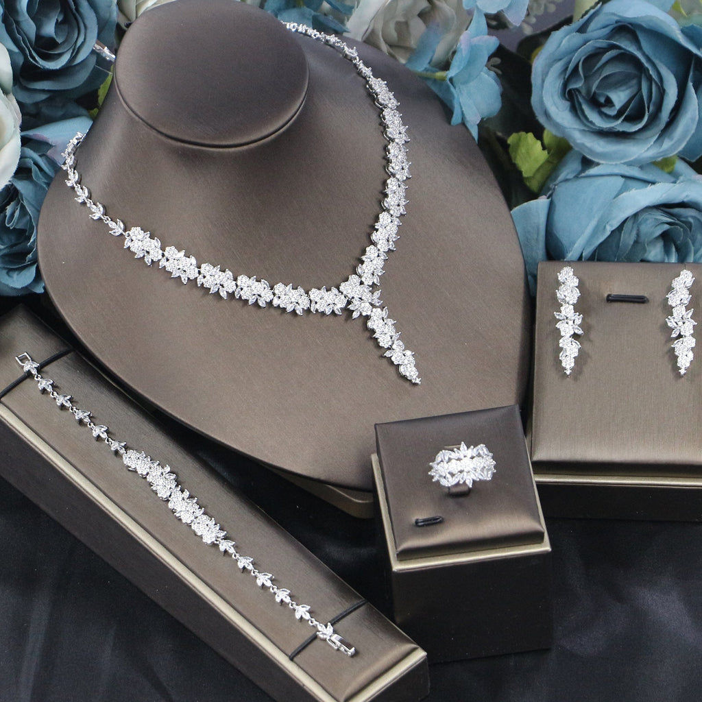 Bridal Wedding Dinner Jewelry Suit Fashion Rose Zircon Necklace Earrings Four-piece Set - IVOIRART.COM