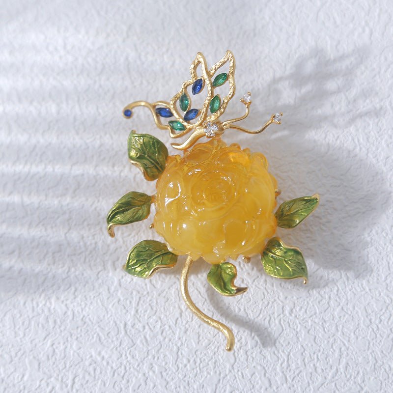 Broche Naturelle en Cire d'Abeille Argent S925 Richesse et Prospérité Pivoine - IVOIRART.COM