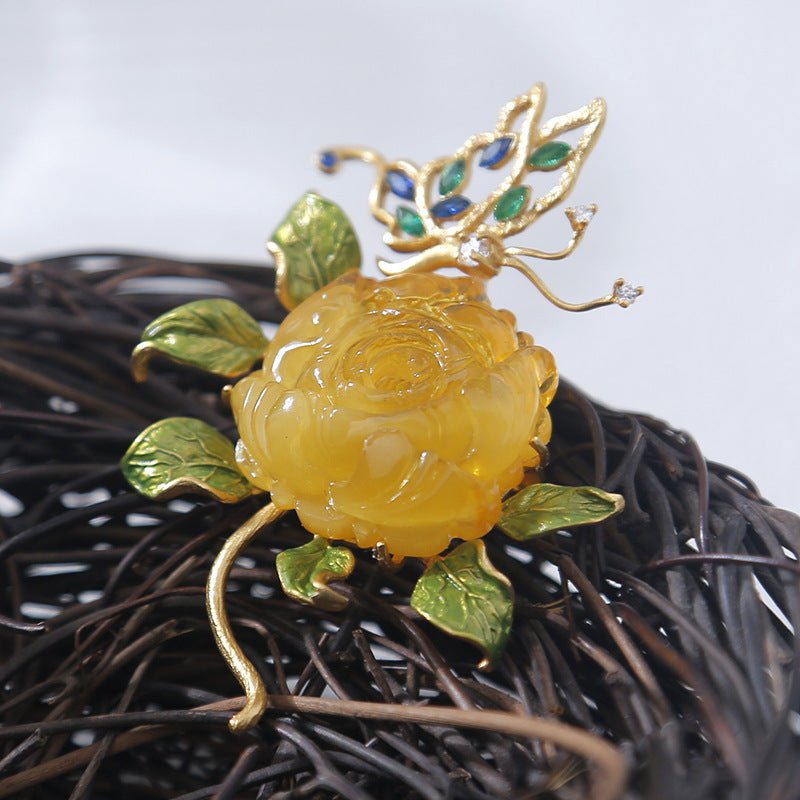 Broche Naturelle en Cire d'Abeille Argent S925 Richesse et Prospérité Pivoine - IVOIRART.COM