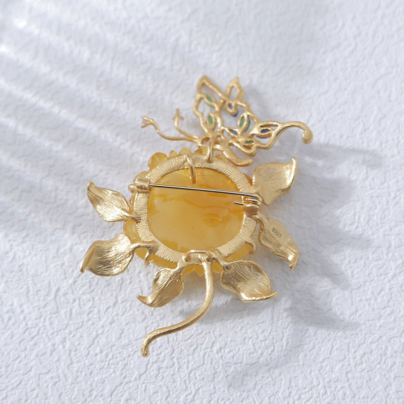 Broche Naturelle en Cire d'Abeille Argent S925 Richesse et Prospérité Pivoine - IVOIRART.COM