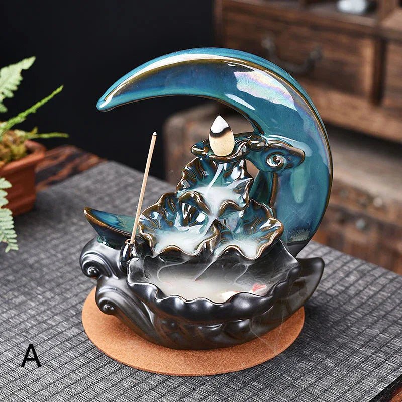 Brûleur d'Encens à Reflux en Forme de Lune Support Fumée Cascade Tiges d'Encens Décor Maison - IVOIRART.COM