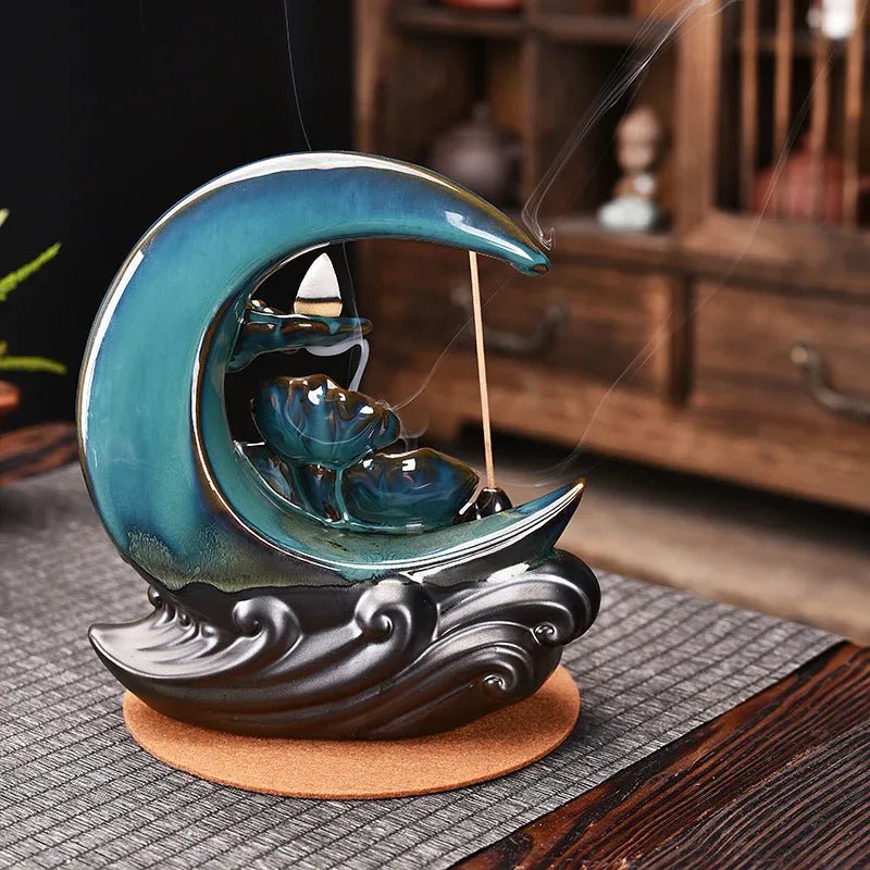Brûleur d'Encens à Reflux en Forme de Lune Support Fumée Cascade Tiges d'Encens Décor Maison - IVOIRART.COM