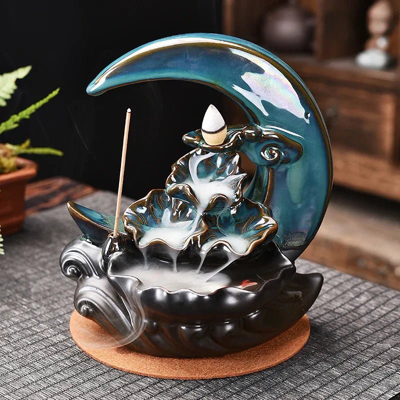 Brûleur d'Encens à Reflux en Forme de Lune Support Fumée Cascade Tiges d'Encens Décor Maison - IVOIRART.COM