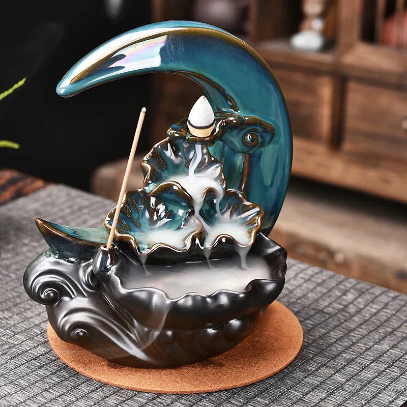Brûleur d'Encens à Reflux en Forme de Lune Support Fumée Cascade Tiges d'Encens Décor Maison - IVOIRART.COM