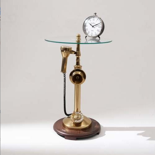 Table d'Accent Téléphone Vintage en Aluminium Poli Décoratif avec Plateau en Verre