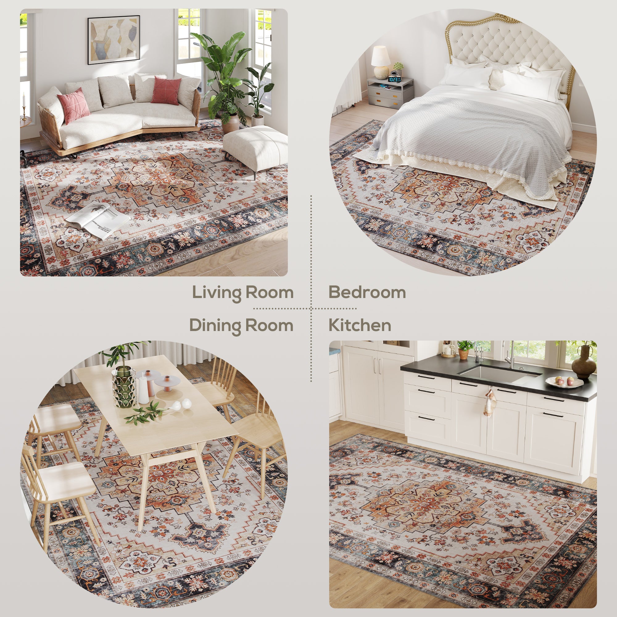 Tapis d'aire 8x10, Tapis Lavable en Machine, Tapis à Motif Médaillon Boho Antidérapant pour Salon, Chambre, Marron Fauve