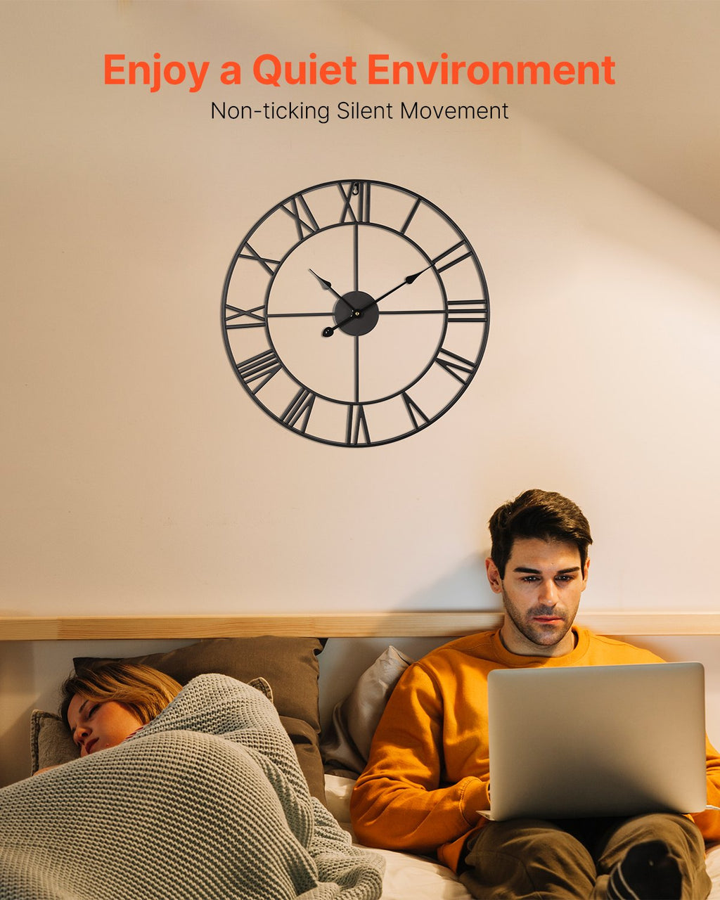 Horloge murale 24 pouces à chiffres romains, fonctionnant sur piles, silencieuse sans tic-tac, décorative ronde, Noir