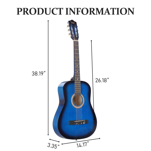 Guitare acoustique ronde bleue de 38 pouces avec médiators, cordes, capo, étui, accordeur et sangle