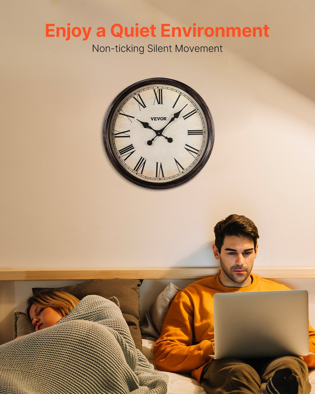 Horloge Murale, Horloge Murale 20 pouces, Chiffres Romains, Alimentation par Pile, Silencieuse sans Tic-Tac, Classique Déco Rond, Pour Salon Chambre Bureau Cuisine Salle à Manger Déco Maison Farmhouse, Marron