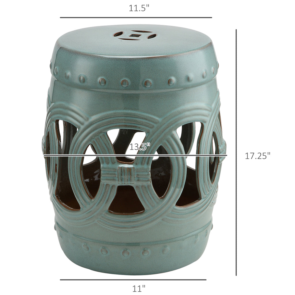 Tabouret de Jardin en Céramique 14" x 17" avec Design de Anneau Nœud Double-Coin et Matériau Émaillé Résistant, Table d'Appoint Décorative, Collection Maison, Bleu Antique