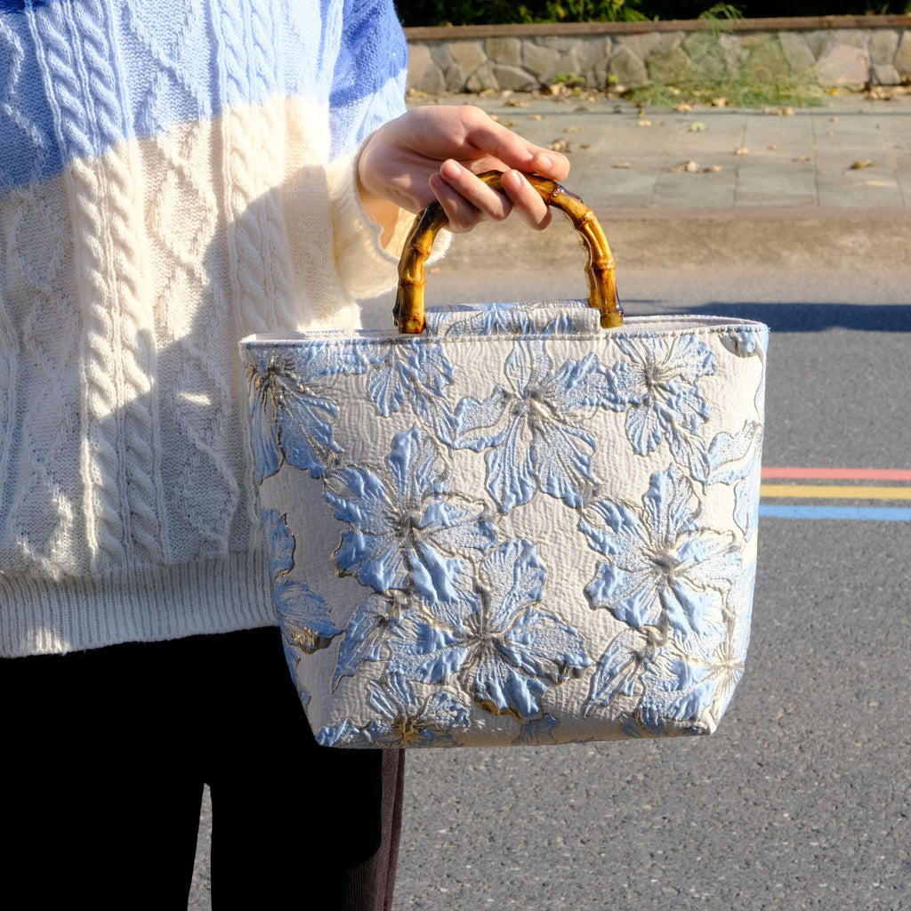 Sac en toile pour femme bleu clair à fleurs dorées
